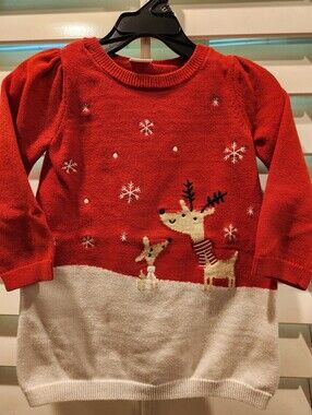 Gymboree Red & Cream Reindeer Knit Sweater Dress, Size 18-24M